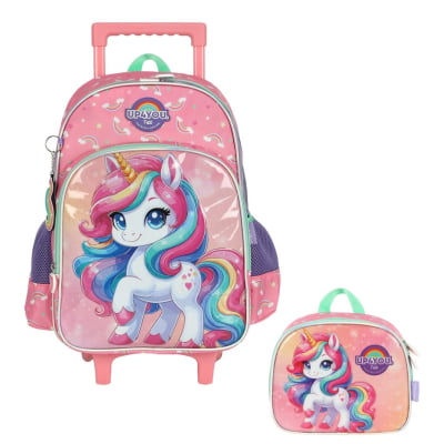 Kit Mochila Infantil Rodinhas + Lancheira Térmica Unicórnio Colorida Up4you