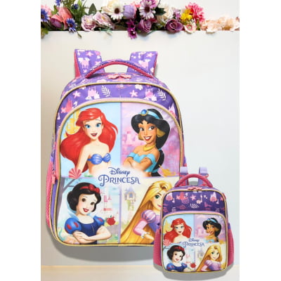 Kit Mochila + Lancheira Escolar Princesas da Disney Glitter