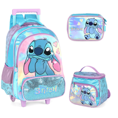 Kit Mochila + Lancheira + Estojo Box Lilo Stitch e Angel Azul e Lilás