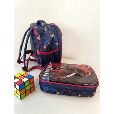 Kit Mochila Lancheira Infantil + Estojo Box Homem Aranha 3D Azul e Vermelha