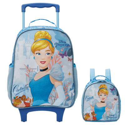 Kit Mochila Rodinhas Escolar + Lancheira da Princesa Disney Cinderela Azul