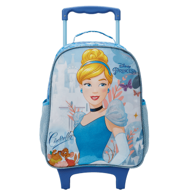 Kit Mochila Rodinhas Escolar + Lancheira da Princesa Disney Cinderela Azul