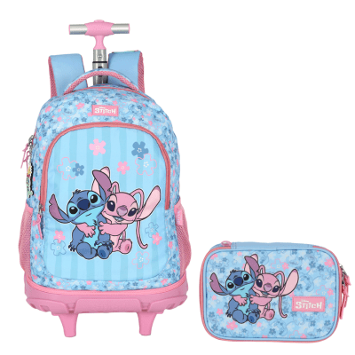 Kit Mochila Rodinhas + Estojo Box da Lilo Stitch e Angel Rosa