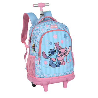 Kit Mochila Rodinhas + Estojo Box da Lilo Stitch e Angel Rosa
