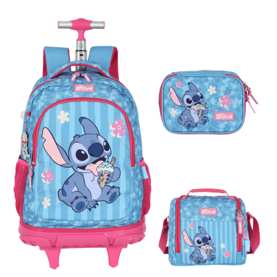 Kit Mochila Rodinhas + Estojo Box + Lancheira da Lilo Stitch e Angel Pink