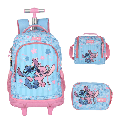 Kit Mochila Rodinhas + Estojo Box + Lancheira da Lilo Stitch e Angel Rosa