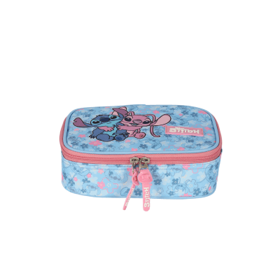 Kit Mochila Rodinhas + Estojo Box + Lancheira da Lilo Stitch e Angel Rosa