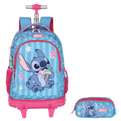 Kit Mochila Rodinhas + Estojo da Lilo Stitch e Angel Pink
