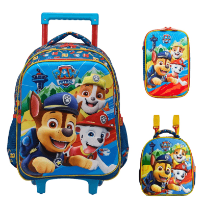 Kit Mochila Rodinhas + Estojo Duplo + Lancheirada Patrulha Canina Relevo