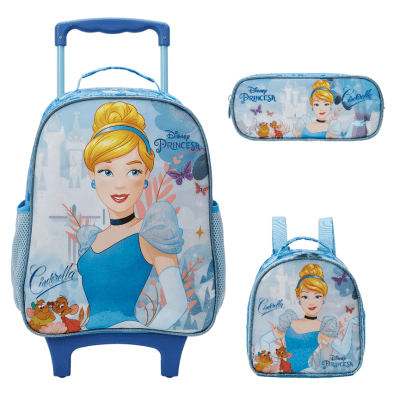 Kit Mochila Rodinhas + Estojo simples + Lancheirada da Princesa Disney Cinderela Azul