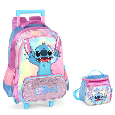Kit Mochila Rodinhas + Lancheira Lilo Stitch e Angel Roxa