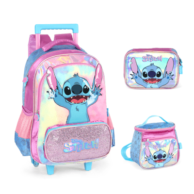 Kit Mochila Rodinhas + Lancheira +Estojo Box Lilo Stitch e Angel Roxa