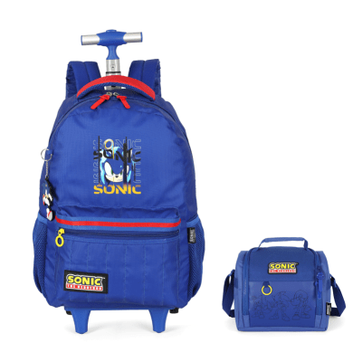 kIT Mochila Escolar Costa C/ Rodinha Juvenil Tam. 16 + Lancheira do Sonic Hedgehog Azul