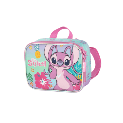 Lancheira Escolar Lilo Stitch e Angel Azul e Roxa