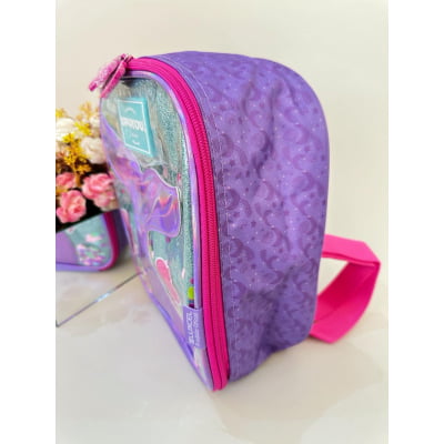 Lancheira Escolar Térmica Holográfica da Sereia C/ Paetê Roxo