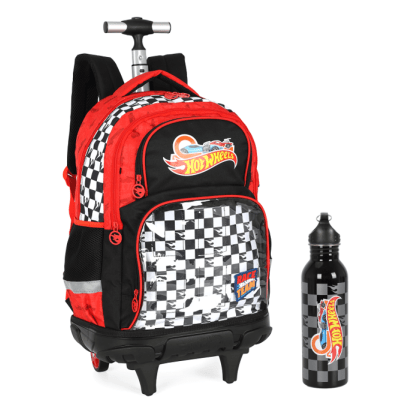 Kit Mochila Infantil Com Rodinhas + Garrafinha da Hotwheels Preta e Vermelha Kit Mochila Infantil Com Rodinhas + Garrafinha da Hotwheels Preta e Vermelha