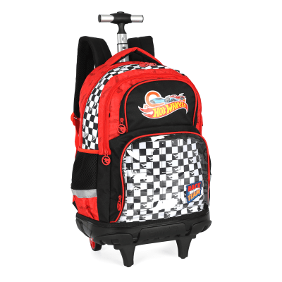 Kit Mochila Infantil Com Rodinhas + Garrafinha da Hotwheels Preta e Vermelha