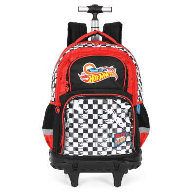 Kit Mochila Infantil Com Rodinhas + Garrafinha da Hotwheels Preta e Vermelha