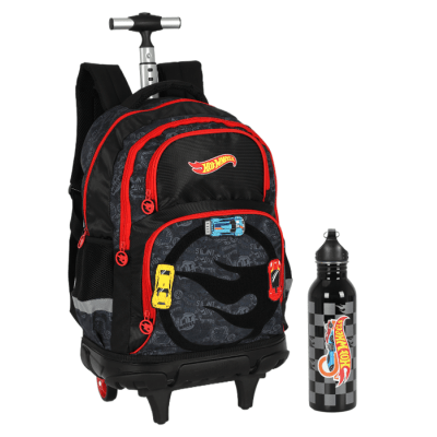 Kit Mochila Infantil Com Rodinhas + Garrafinha do Hotwheels Preto