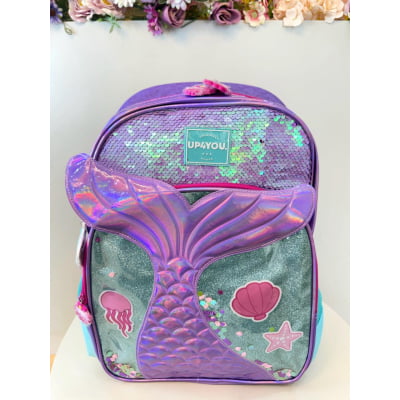 Mochila de Costas Média Holográfica Sereia C/ Paetê