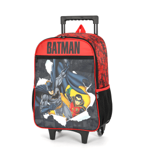 Mochila Infantil C/ Rodinhas Batman e Robin Preta e Vermelha