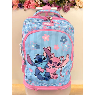 Mochila Infantil C/ Rodinhas da Lilo Stitch e Angel Rosa