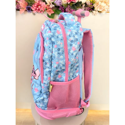 Mochila Infantil C/ Rodinhas da Lilo Stitch e Angel Rosa