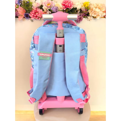 Mochila Infantil C/ Rodinhas da Lilo Stitch e Angel Rosa