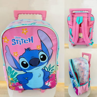 Mochila Infantil C/ Rodinhas da Lilo Stitch e Angel Rosa Tam. 16