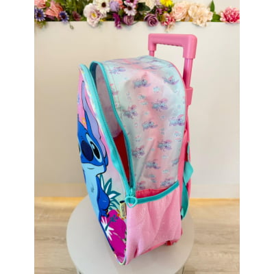 Mochila Infantil C/ Rodinhas da Lilo Stitch e Angel Rosa Tam. 16