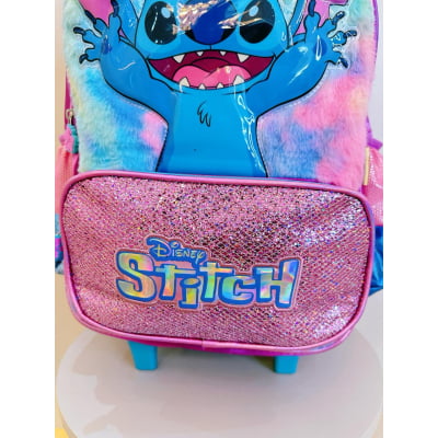Mochila Intantil C/ Rodinhas Lilo Stitch Roxa com Glitter