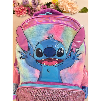Mochila Intantil C/ Rodinhas Lilo Stitch Roxa com Glitter
