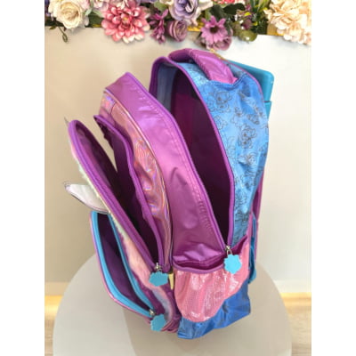 Mochila Intantil C/ Rodinhas Lilo Stitch Roxa com Glitter