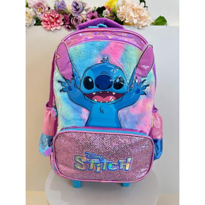 Mochila Intantil C/ Rodinhas Lilo Stitch Roxa com Glitter