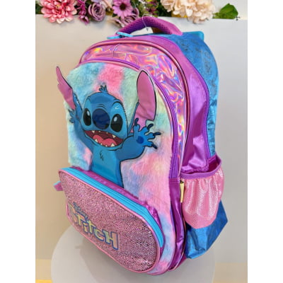 Mochila Intantil C/ Rodinhas Lilo Stitch Roxa com Glitter