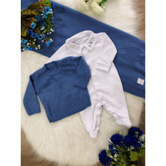 Saída Maternidade Macacão Blusa e Manta Azul e Branco