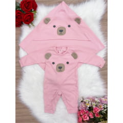 Saída Maternidade Manta e Macacão Rosa Urso Malha Bebê