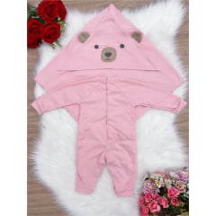 Saída Maternidade Manta e Macacão Rosa Urso Malha Bebê
