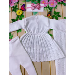 Saída Maternidade Vestido Meia Calça e Manta Branco Luxo