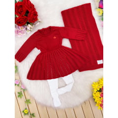 Saída Maternidade Vestido Meia Calça e Manta Tricot Vermelha