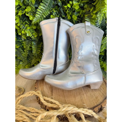 Bota infantil Boiadeira Texana Com Zíper Preto e Salto Prata