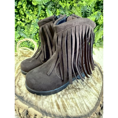 Bota Infantil Marrom Café Boiadeira Cowgirl Franjas Camurça