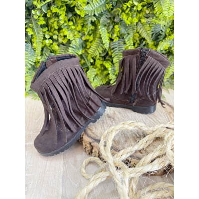 Bota Infantil Marrom Café Boiadeira Cowgirl Franjas Camurça