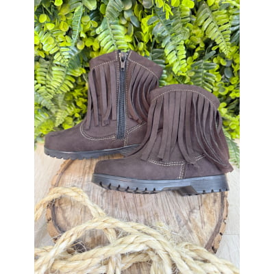 Bota Infantil Marrom Café Boiadeira Cowgirl Franjas Camurça