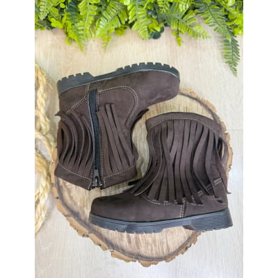 Bota Infantil Marrom Café Boiadeira Cowgirl Franjas Camurça