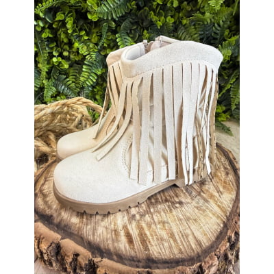Bota Infantil Off White Bege Claro Cowgirl Franjas Camurça