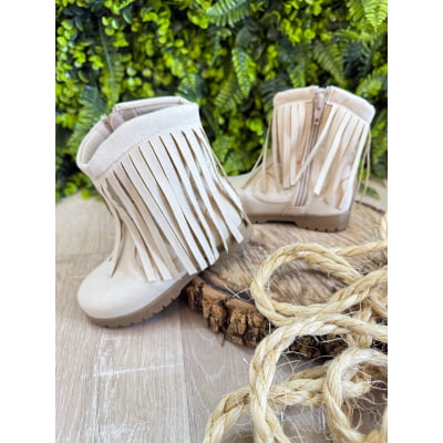 Bota Infantil Off White Bege Claro Cowgirl Franjas Camurça