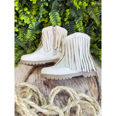 Bota Infantil Off White Bege Claro Cowgirl Franjas Camurça