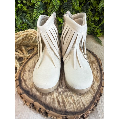 Bota Infantil Off White Bege Claro Cowgirl Franjas Camurça