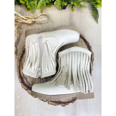 Bota Infantil Off White Bege Claro Cowgirl Franjas Camurça